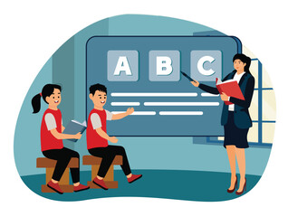 Digital display concept. Teacher Educating Students With ABC Alphabet On Classroom.