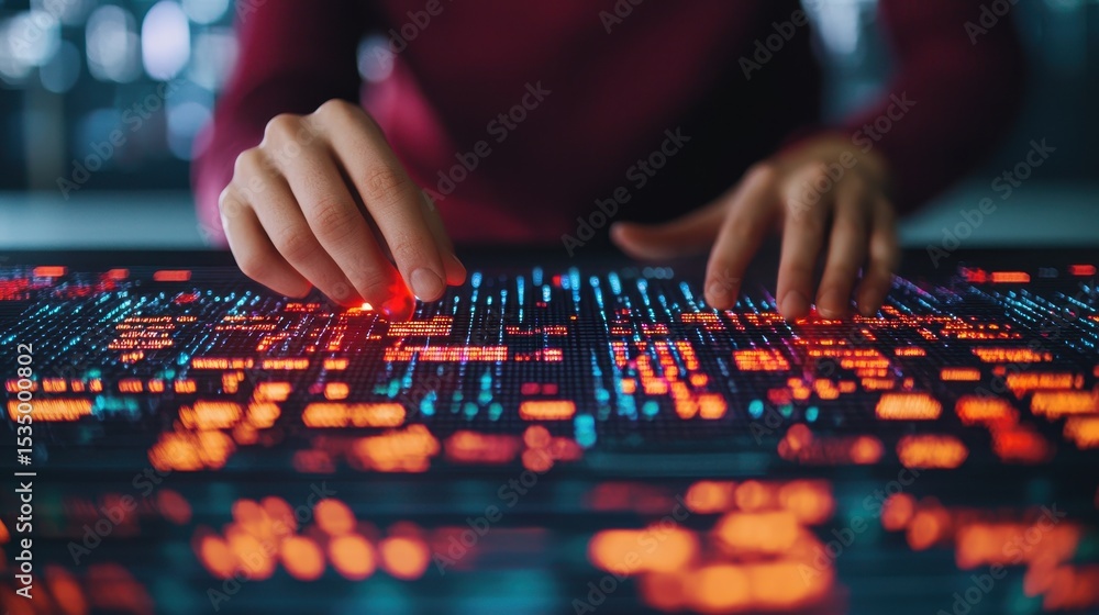 Poster hands interacting with digital touch screen display in futuristic data analysis environment