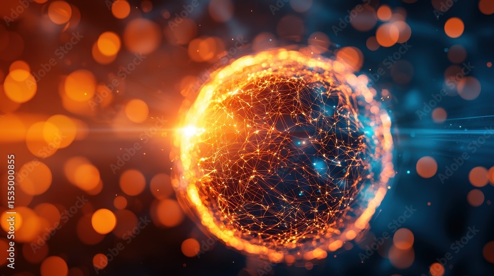 Poster abstract representation of a glowing sphere with network connections and luminous particles in a cos