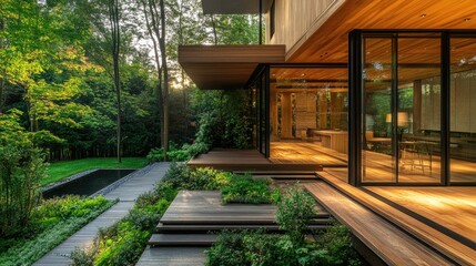 Modern House Exterior with Glass Walls, Natural Surroundings and Wooden Deck in a Peaceful Forest Setting