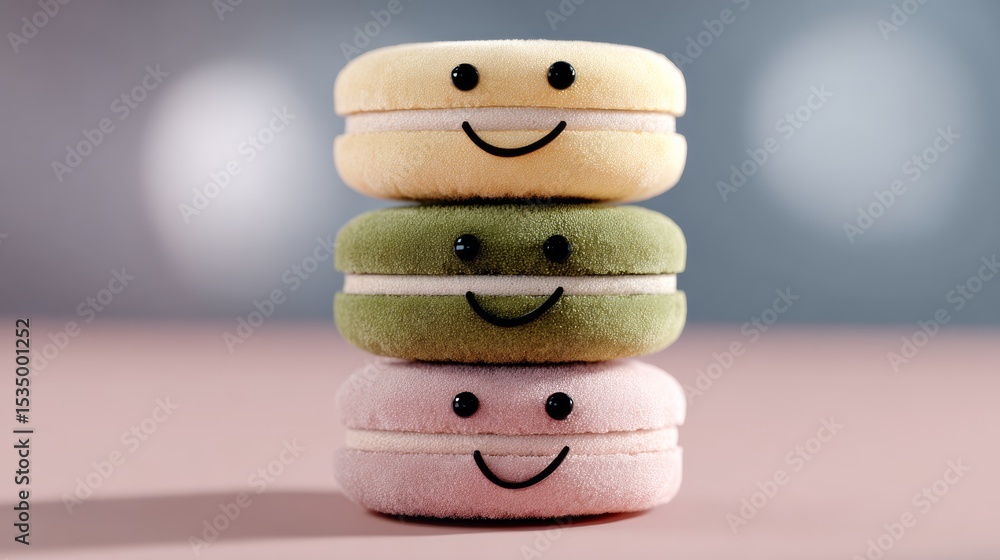 Poster three smiling cookies stacked on top of each other. the cookies are made of a soft, squishy material