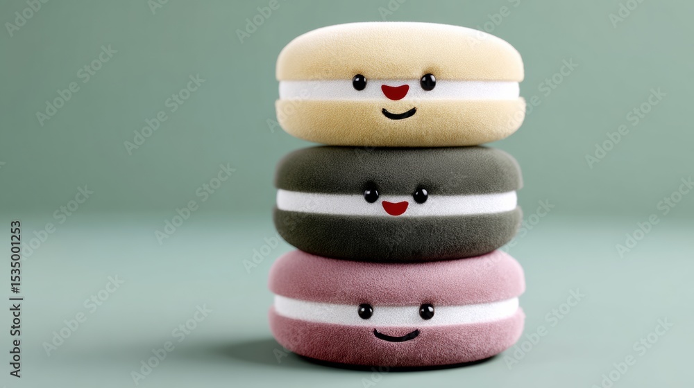 Poster three stuffed macarons with smiling faces on them. the macarons are stacked on top of each other