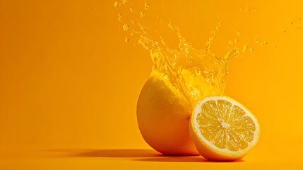 Fresh lemon splash background, citrus fruit juice, yellow aesthetic, vibrant and refreshing image art