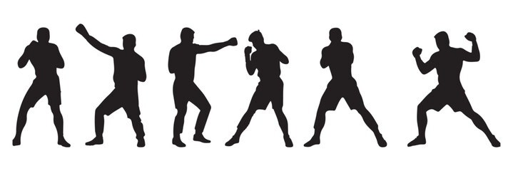 
Set of silhouettes of boxer fighting.  Boxer in different pose black silhouette set . EPS 10