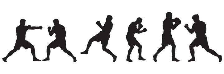 
Set of silhouettes of boxer fighting.  Boxer in different pose black silhouette set . EPS 10