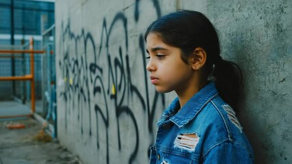 In a schoolyard corner, a quiet teenage girl in a torn jacket leans against a wall while catching her breath. She looks distressed after being pushed by classmates away from teachers - Powered by Adobe