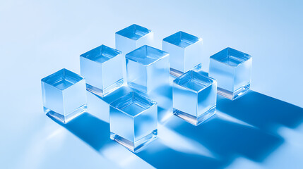 Cluster of Transparent Blue Cubes with Soft Shadows on a Light Background