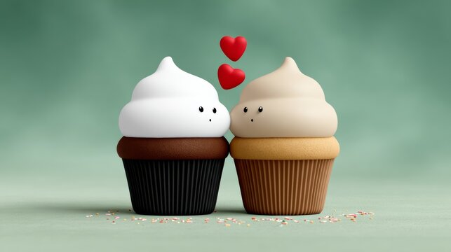 Two cupcakes with frosting and hearts on them. The cupcakes are arranged in a way that they look like they are hugging each other