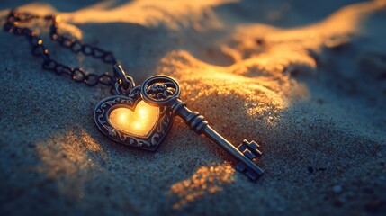 Glowing heart key on sandy beach at sunset.