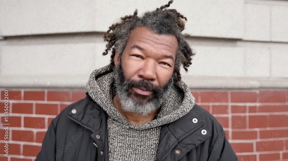Poster man with a beard and dreadlocks is wearing a black jacket and a gray hoodie. he is smiling and looki