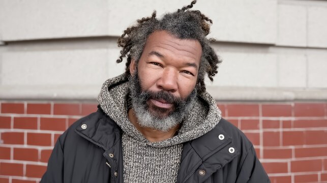 Man with a beard and dreadlocks is wearing a black jacket and a gray hoodie. He is smiling and looking at the camera