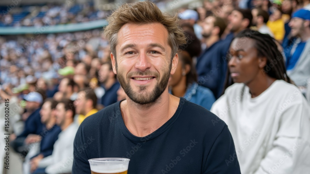 Poster man is smiling and holding a cup of beer in front of a crowd. concept of enjoyment and camaraderie, 