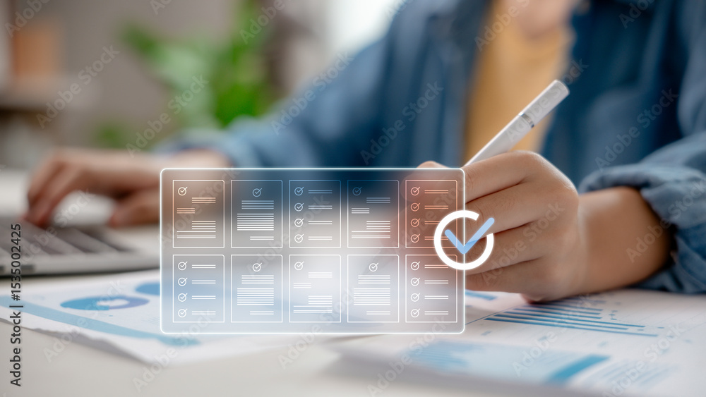 Poster digital document checklist with person using stylus and laptop. concept of workflow automation, pape