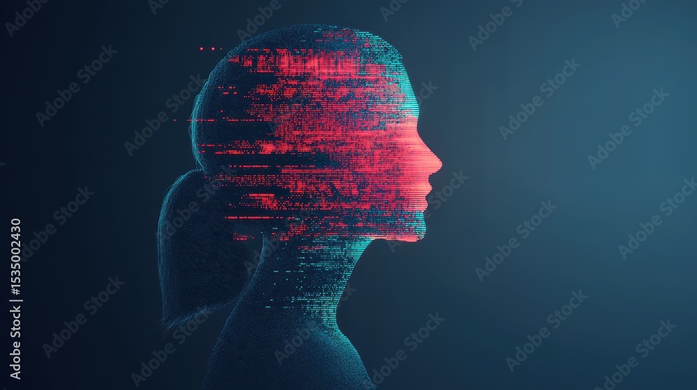 Poster abstract digital representation of a woman with fragmented features and vibrant colors on a dark bac