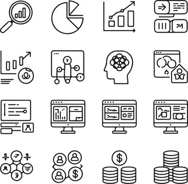 Data Analytics Vector Icon Set | Adjustable Line Weight | Chart, graph, analysis, report, growth, trend, statistics, pie chart, bar graph, line graph, scatter plot, dashboard, infographic icons