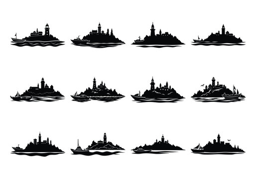 An island with a boat and a lighthouse skyline silhouette set on a white background