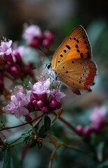 Obraz premium Soaring butterfly gathering nectar from vibrant blossom in nature's embrace