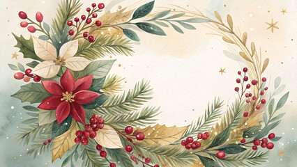 Fototapeta premium Hand-Painted Watercolor Festive Wreath with Natural Greens, Reds, and Gold Accents on Warm Holiday Background and Copy Space
