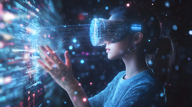 Person Engaging with Virtual Reality, Surrounded by Digital Data Streams