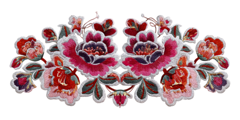 Embroidered floral design, red and pink flowers.