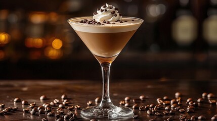 A delicious coffee martini garnished with whipped cream and chocolate chips.