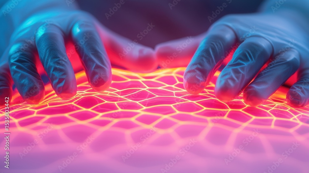 Poster illuminated surface with hands and latex gloves in a laboratory setting creating textured patterns