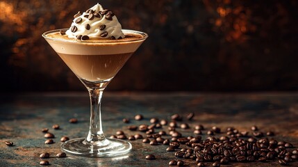 Coffee cocktail in a martini glass garnished with coffee beans and whipped cream.