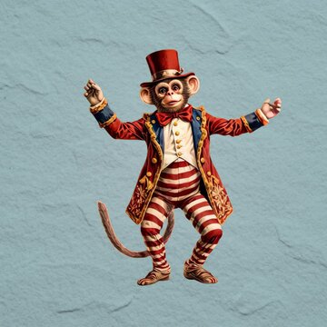 Whimsical circus monkey performer animation isolated asset, transparent 4K video, alpha channel, ProRes 4444