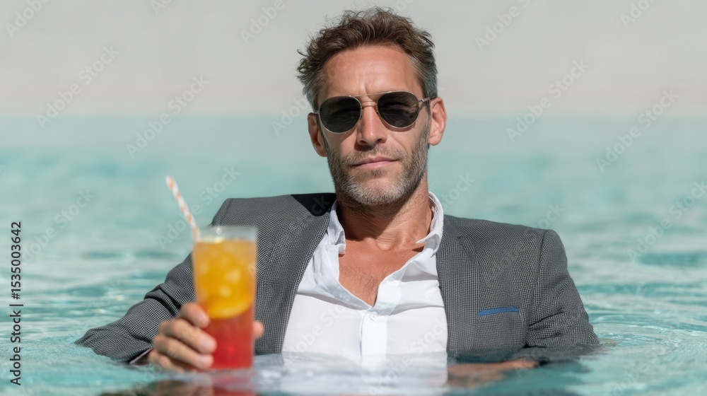 Poster man in a suit is floating in a pool with a drink in his hand. concept of relaxation and leisure, as 
