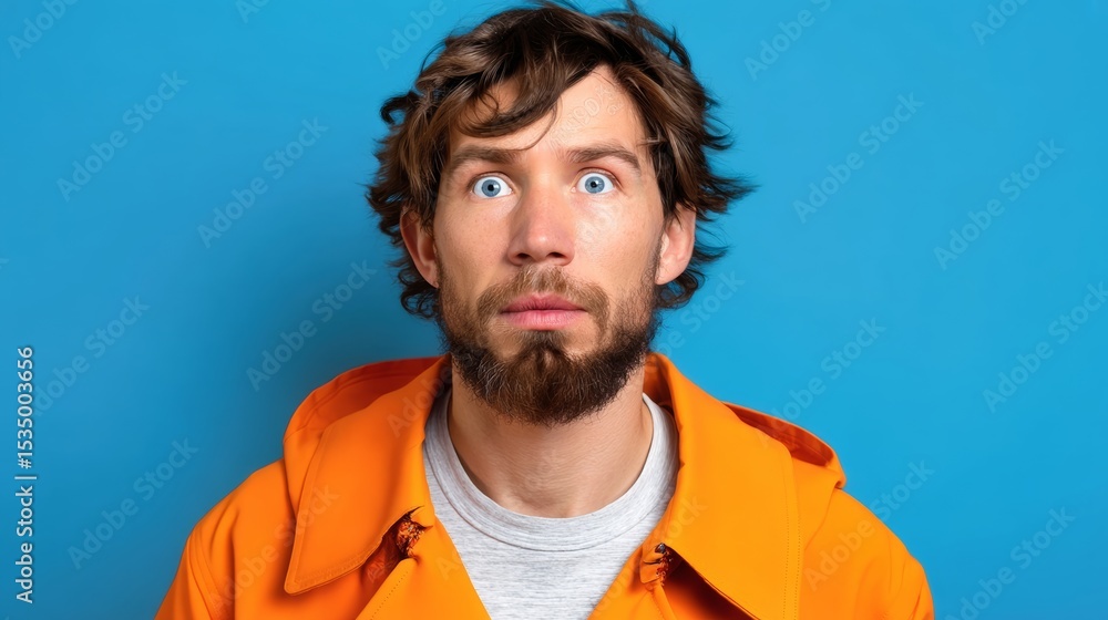 Aufkleber man with a beard and a beard is wearing an orange jacket and looking at the camera. the man's expres