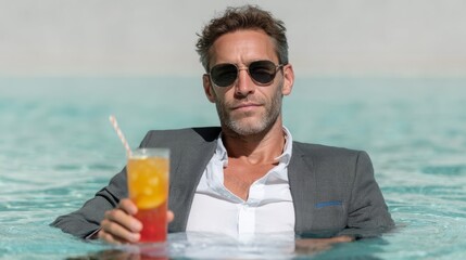 Man in a suit is floating in a pool with a drink in his hand. Concept of relaxation and leisure, as the man is enjoying his time in the water. The combination of the suit