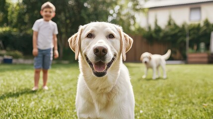 Happy Labrador Retriever Dog with Boy in Backyard During Summer Day with Another Puppy in Background