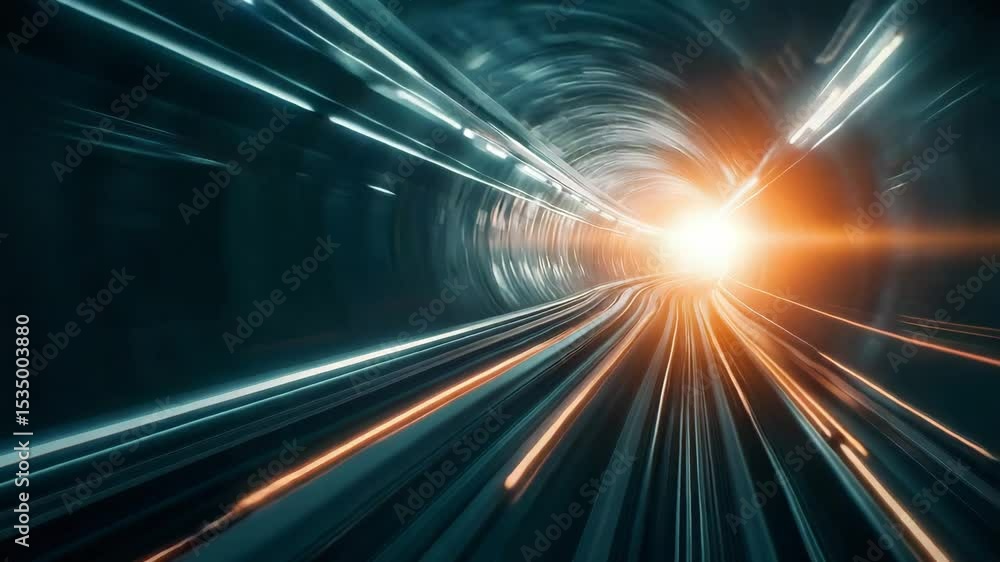 Poster high speed tunnel with bright light and glowing lines creating dynamic futuristic motion, technology