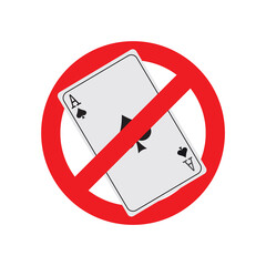 Stop gambling addiction. Online casino ban, no gambling. Playing card in red prohibition sign. Concept of problem gambling, ludomania, behavioral addictions