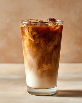 Iced Coffee Latte with Milk Swirl &ndash; Minimalist Cafe Drink in Clear Glass