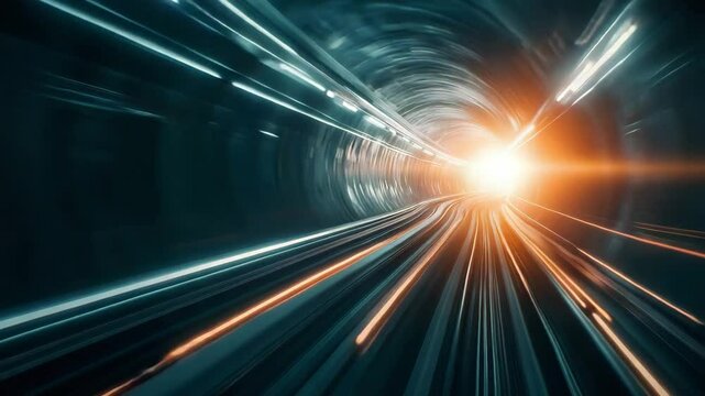 High speed tunnel with bright light and glowing lines creating dynamic futuristic motion, technology, and transportation at speed exit