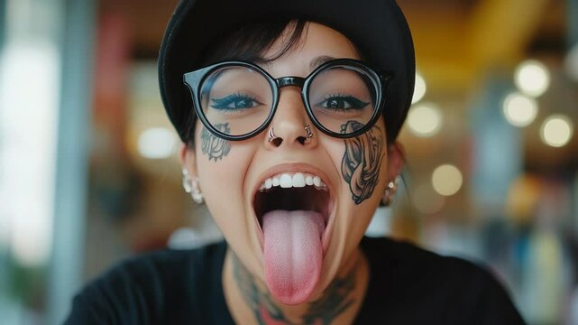 Unique hipster woman showing tattoos and long tongue playful expression in casual daytime