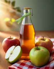 A clear glass bottle of apple juice placed next to fresh red and green apples, one apple sliced open to reveal the inside, on a wooden table with a plaid napkin and soft natural morning light, cozy an