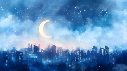 Fototapeta premium Serene Watercolor Night Cityscape with Painting Effect
