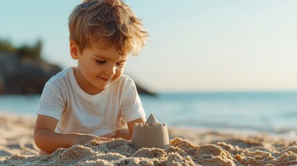 Happy child building sandcastle on beach during sunny day, enjoying summer activities by the ocean shore