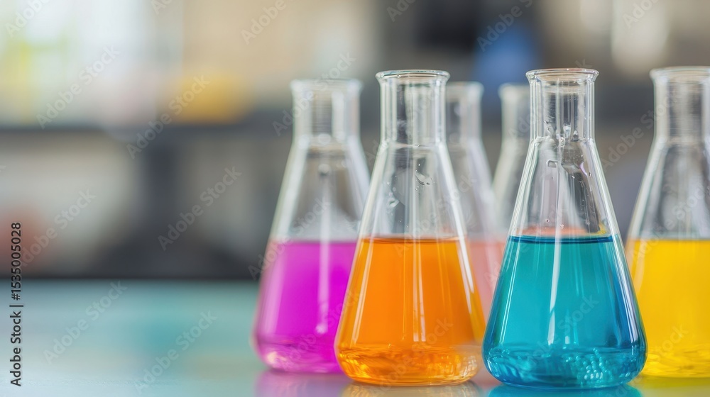 Poster colorful laboratory flasks filled with various vibrant liquids on a clean lab table in a modern scie