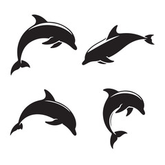 Fototapeta premium A vector illustration set depicting various dolphins, marine life, and aquatic animals swimming in the ocean, ideal for designs and icons