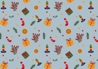 Kids Christmas print with vibrant color. Wallpaper, fashion and textile. Cute basic Gift print.
