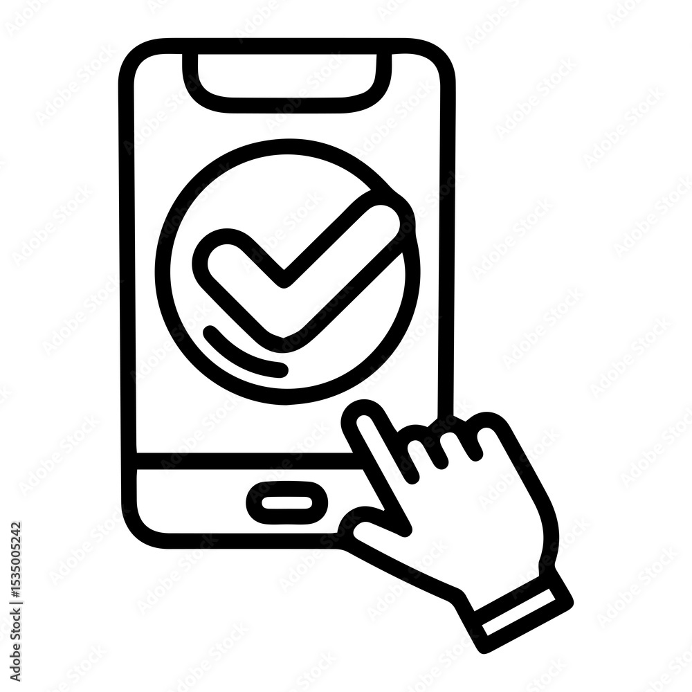 Poster outline style image depicts a smartphone with a prominent checkmark symbol on its screen, and a hand