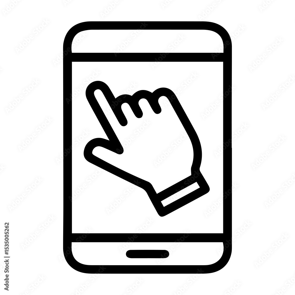 Poster outline style image depicts a smartphone with a human hand cursor, featuring an extended index finge