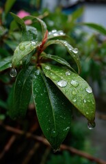 Water droplets gently resting on vibrant green leaves