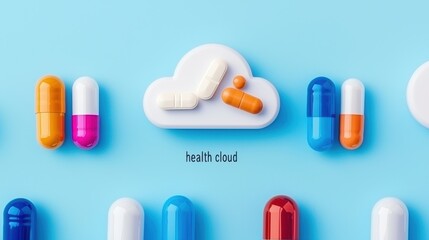 Creative Concept of Health Cloud with Colorful Pills and Capsules on Light Blue Background