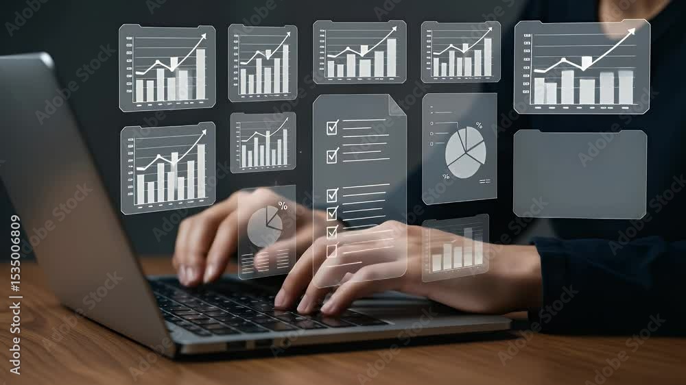 Poster person working on a laptop with data visualizations overlaid