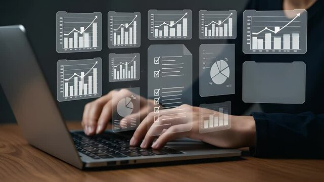 Person working on a laptop with data visualizations overlaid