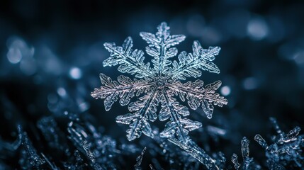 Detailed close-up of a complex snowflake.
